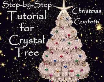 May include: Step-by-step tutorial for a crystal Christmas tree made with beads and safety pins. The tree is decorated with colourful beads and a star on top. The background is a black starry night.