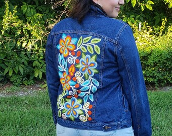 Mandala Denim Jacket Sunflower Hand Painted Recycled Denim Jacket Eco Psychedelic Jacket Third Eye Repurposed Denim All Seeing Eye