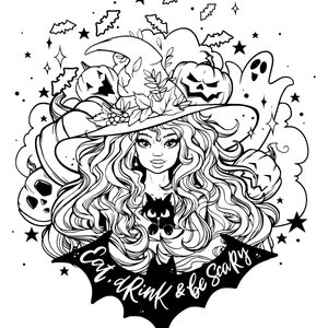 Halloween Coloring Pages For Adults. Witch, Spooky Pumpkin, Ghost Coloring 5 Page Bundle. Downloadable Printable Coloring Sheets For Adults image 3