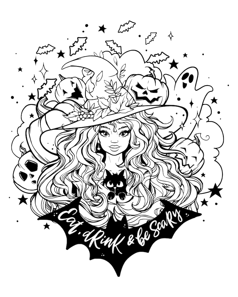 Halloween Coloring Pages For Adults. Witch, Spooky Pumpkin, Ghost Coloring 5 Page Bundle. Downloadable Printable Coloring Sheets For Adults image 3