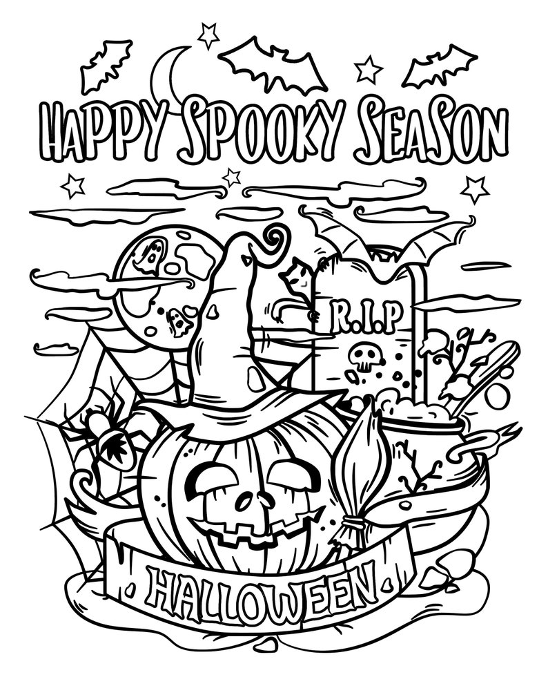 Halloween Coloring Pages For Adults. Witch, Spooky Pumpkin, Ghost Coloring 5 Page Bundle. Downloadable Printable Coloring Sheets For Adults image 4