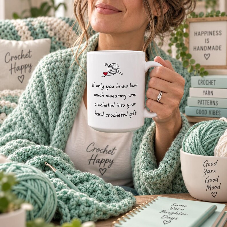May include: A white ceramic mug featuring a black graphic of a yarn ball and crochet hook with a red heart, and the text: If only you knew how much swearing was crocheted into your hand-crocheted gift. The mug has a handle on the right side.