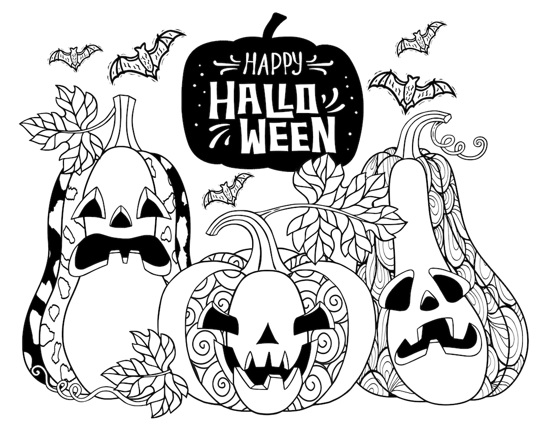 Halloween Coloring Pages for Adults. Witch, Spooky Pumpkin, Ghost