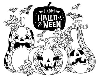 Halloween Coloring Pages For Adults. Witch, Spooky Pumpkin, Ghost Coloring 5 Page Bundle. Downloadable Printable Coloring Sheets For Adults