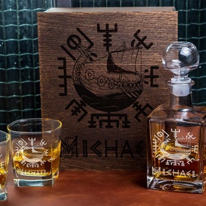 Personalized Viking gift for him Christmas gift for boyfriend whiskey decanter set bourbon glasses Viking ship housewarming gifts Vegvisir