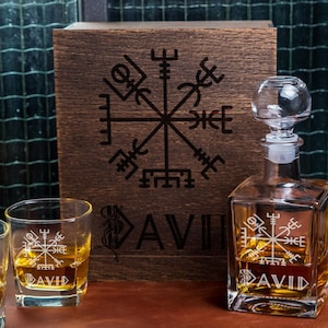 Personalized Whiskey Decanter Set: Viking Compass, Bourbon Glasses, Wooden Box