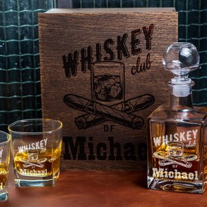 Personalized whiskey club decanter set whiskey glasses bourbon glasses Christmas gift for dad Engagement gift for him Father gifts for man