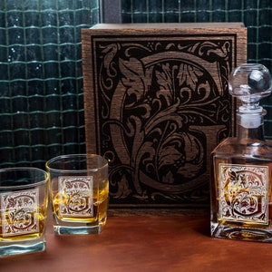 Whiskey Decanter Set Whisky glass unique gift for him leather coaster whiskey stones personalized wood box Vintage Style groomsman gift