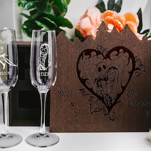 Engraved Champagne Flutes Set: Rustic Wedding Toasting Glasses with Wood Box
