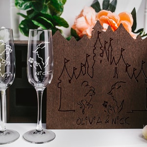 Engraved Wedding Champagne Glasses, Rustic Wood Box Set