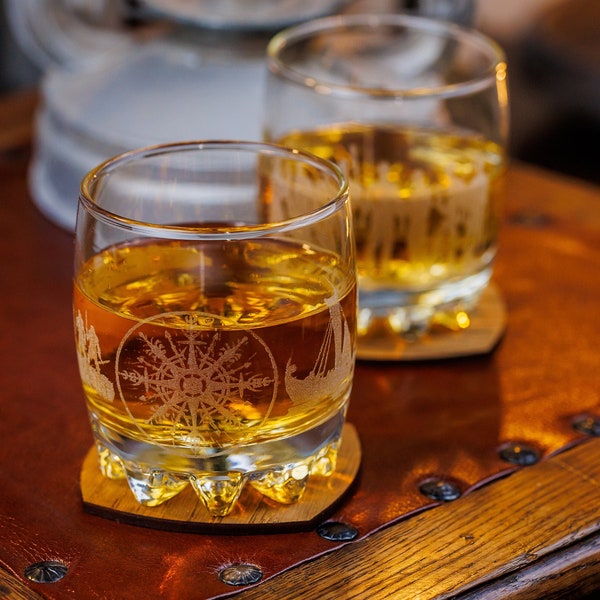 Engraved Whiskey Glass: Viking Compass & Ship, Norse Gift