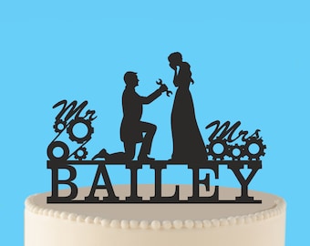 Personalized Mechanic Wedding Cake Topper: Bride and Groom Acrylic Silhouette