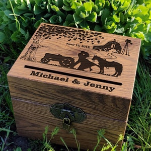 Caja de regalo para boda de granjero, caja de tarjeta rústica personalizada para boda de granjero, pareja de bodas campestres con vaca, caja de regalo para boda con tractor