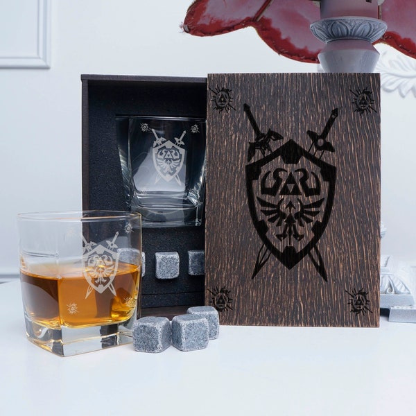 Coffret cadeau whisky personnalisé, sous-verre et verre à whisky et 3 pierres à whisky dans une boîte en bois personnalisée