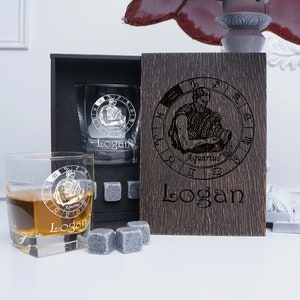Personalized Whiskey Glass Set: Engraved Wood Box, Aquarius Zodiac Gift