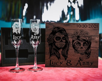Day of the Dead Wedding Toasting Flutes, Sugar Skull Decor, Lesbian Wedding Gift