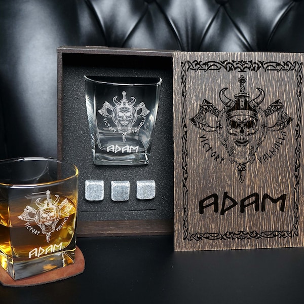 Personalized Viking Whiskey Glass, Viking Nordic Symbols, Whiskey Glass set gift box anniversary gift for him Christmas gift