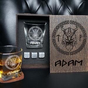 Personalized Viking Whiskey Glass Set: Engraved Wood Box, Coaster, Stones