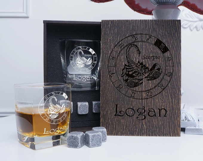 Personalized Whiskey Glass Gift Set: Scorpio Zodiac, Wood Box & Coaster