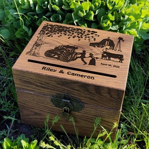 Scatola regalo per matrimonio, scatola di cartone rustica personalizzata per matrimonio in fienile, coppia di sposi in campagna con mucca, scatola di cartone per regalo di matrimonio per coppia