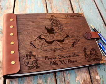 Libro degli ospiti personalizzato per la Quinceañera: album in legno e pelle inciso al laser