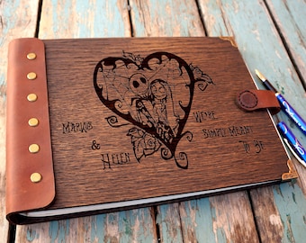Wooden Wedding Guest Book, Rustic Keepsake with Leather Binding