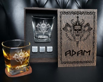 Verre à whisky Viking personnalisé, symboles nordiques vikings, coffret cadeau en verre à whisky, cadeau d'anniversaire pour lui, cadeau de Noël