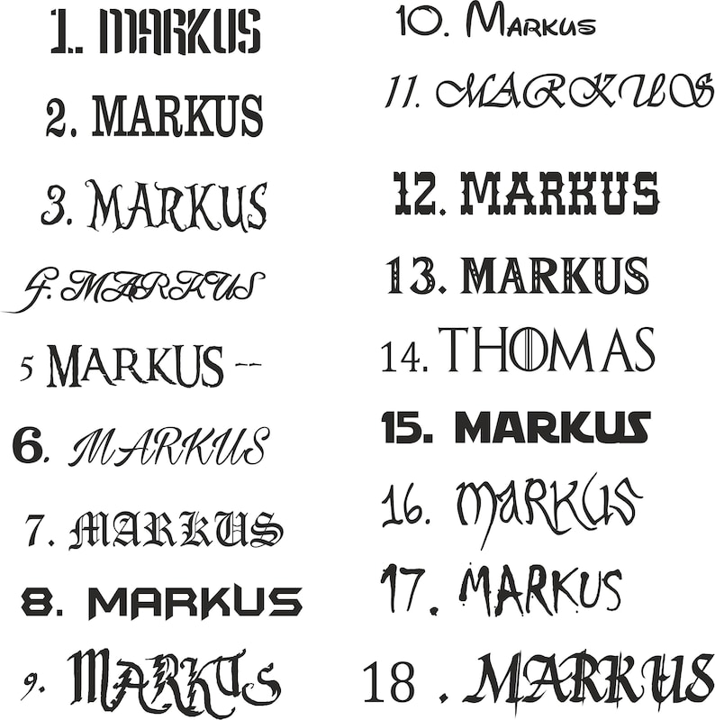 Puede incluir: Una colecci&oacute;n de 18 versiones manuscritas diferentes del nombre "Markus" en tinta negra sobre fondo blanco. El nombre est&aacute; escrito en varios estilos, incluyendo cursiva, letras may&uacute;sculas y una combinaci&oacute;n de ambas.