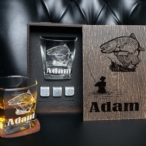 Personalized whiskey glass, Whiskey Glass Set, Gift for Fisherman, Gift for Outdoorsman