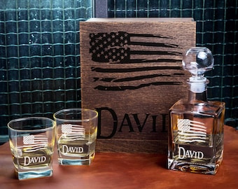 American Flag Whiskey Decanter Set Personalized, Custom Bourbon Glasses Wood Box, Groomsmen Gift Set