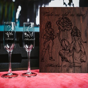 Engraved Champagne Toasting Glasses Set, Rustic Wedding Gift, Oak Wood Box