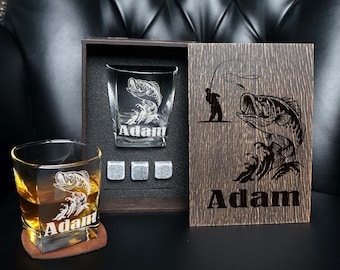 Juego de vasos de whisky personalizados: regalo de pesca para amantes de la naturaleza en caja de madera grabada
