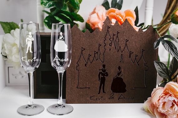 Cinderella Champagne Toasting Glasses Set In Wood Box Disney Etsy