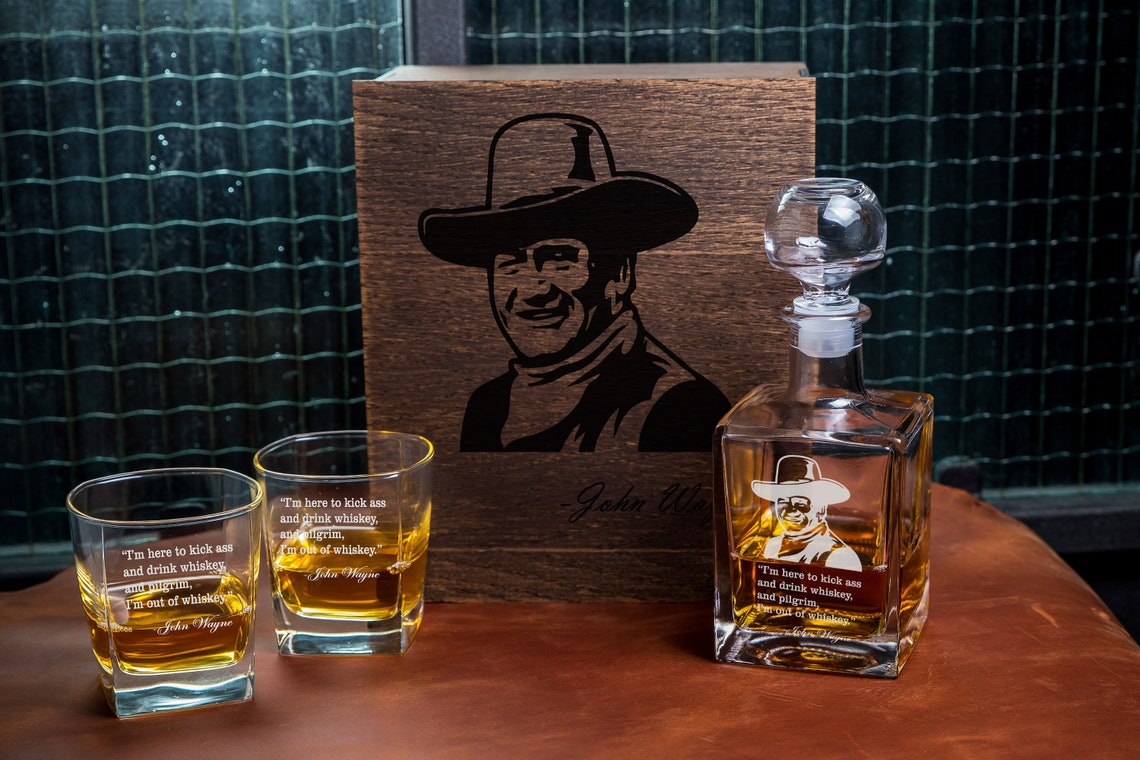 Whiskey decanter gift set John Wayne quote whiskey