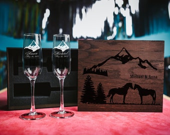 Engraved Wedding Champagne Flutes: Hiking Couple Toasting Glasses, Optional Wood Box