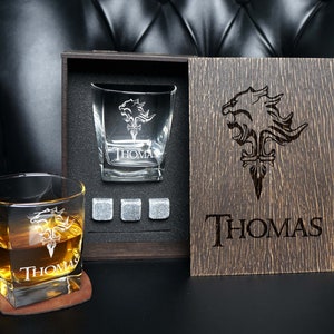 Whiskey gift set, fantasy personalized gift set in wood box