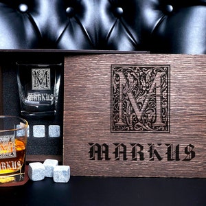 Personalized whiskey gift set, Groomsmen Gift, Coaster and 2 whiskey glasses and 6 whiskey stones in personalized wood box, wedding gift