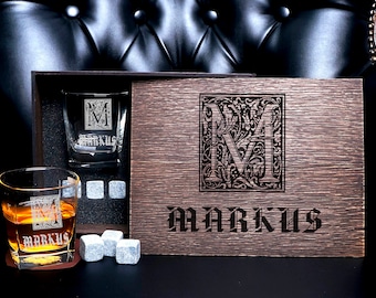 Personalized whiskey gift set, Groomsmen Gift, Coaster and 2 whiskey glasses and 6 whiskey stones in personalized wood box, wedding gift