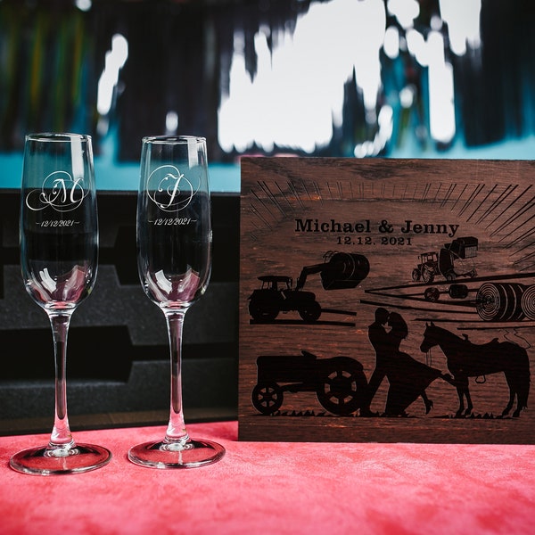 Tractor Wedding Set of 2 Champagne Toasting Glasses, Farmer Wedding, Western Champagne