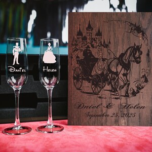 Champagne Toasting Glasses set in wood box, wedding Engraved Champagne Flutes, engraved personalized glasses wedding gift for couple