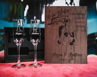 Personalized Champagne Glasses, Wedding Gift Set, Engraved Wooden Box Flutes