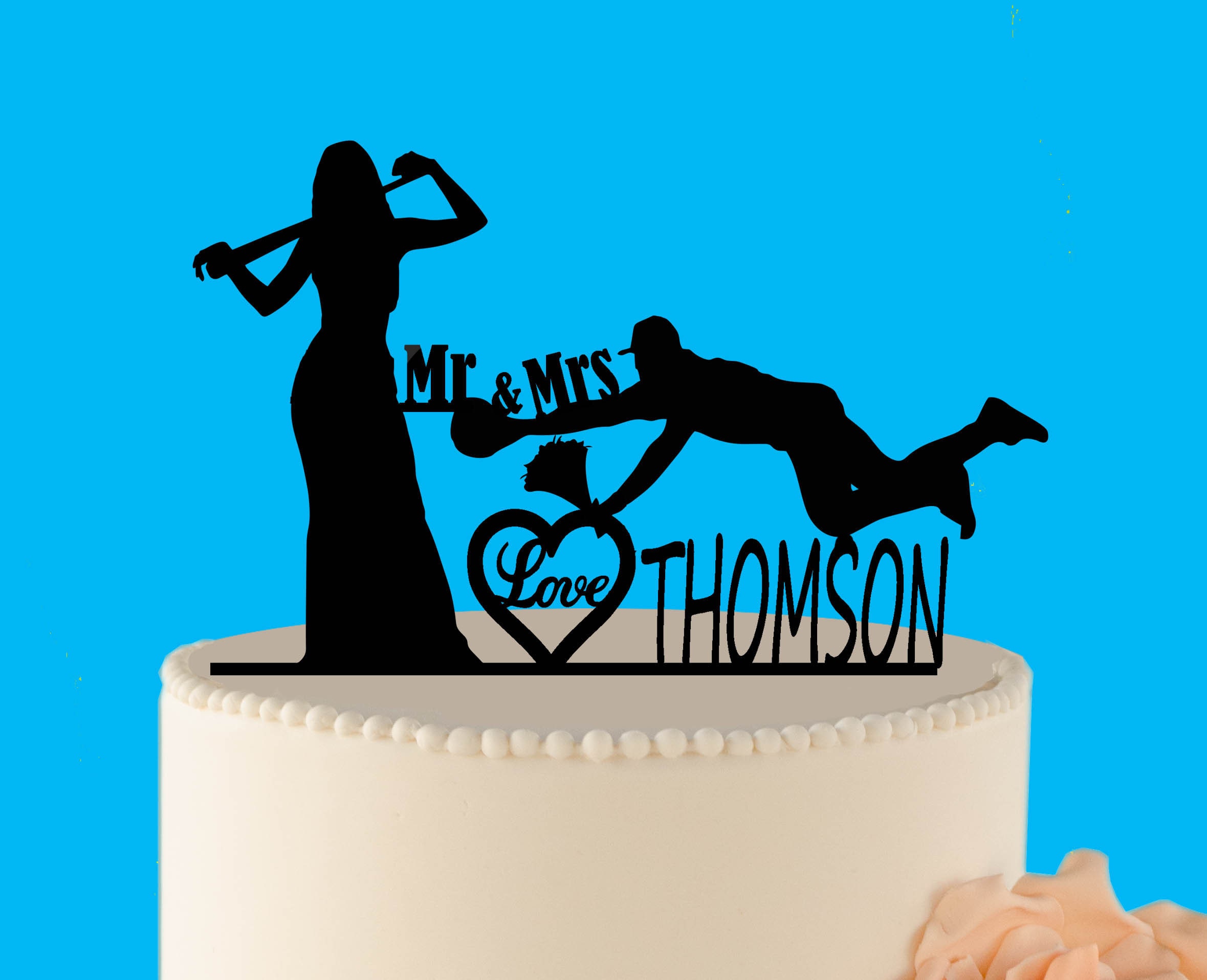 Topper Per Torta Nuziale A Tema Baseball - Coppia Sposi Che Giocano A Baseball - Decorazione Acrilica Per Matrimonio, Anniversario