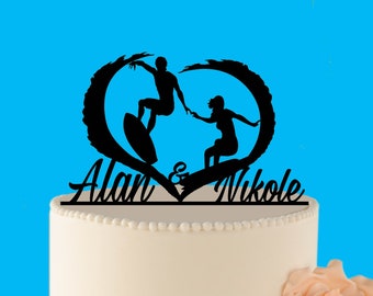 Surfing Wedding Cake Topper: Acrylic Silhouette, Custom Names