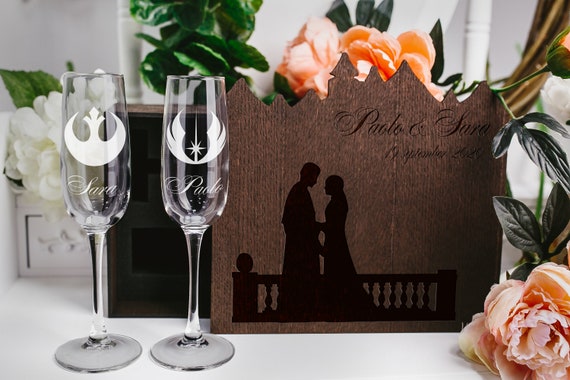 Engraved Champagne Toasting Glasses with Oak Veneer Wood Box, Wedding Gift