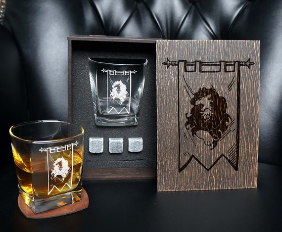Engraved Whiskey Glass Gift Set: Gamer Bourbon Glass, Wood Box & Coaster