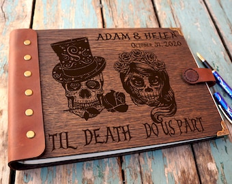 Personalized Day of the Dead Wedding Guest Book, Leather & Wood