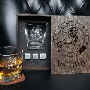 Zodiac Leo personalized whiskey gift set in wooden box, Leo gifts box