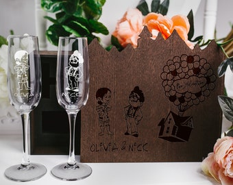 Our Greatest Adventure wedding set of 2 Champagne Toasting Glasses in wood box,  Wedding Toasting Flutes movie up gift for couple