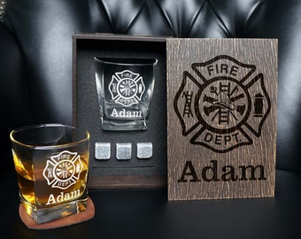 Personalized Firefighter Whiskey Gift Set: Engraved Glass & Wood Box