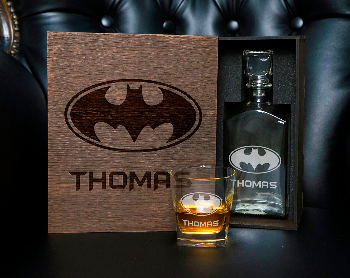 Batman gift set Decanter whiskey set Coaster and glass and 3 Etsy
